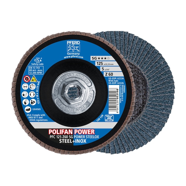 Pferd 5" x 5/8-11 Thd. POLIFAN Flap Disc - Z SG POWER STEELOX, Zirconia, 60 Grit, Conical 62326 - main
